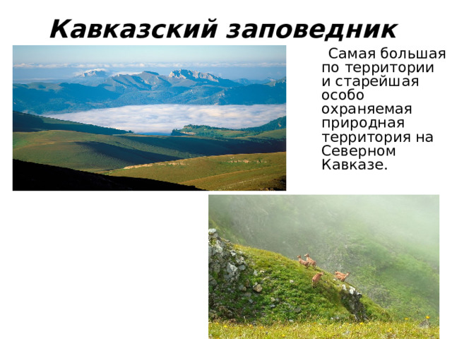 Кавказский заповедник   Самая большая по территории и старейшая особо охраняемая природная территория на Северном Кавказе. 