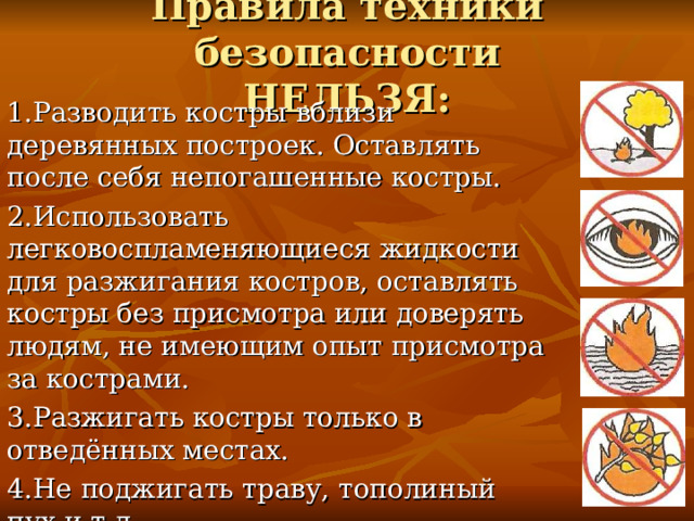 Правила техники безопасности  НЕЛЬЗЯ: 1.Разводить костры вблизи деревянных построек. Оставлять после себя непогашенные костры. 2.Использовать легковоспламеняющиеся жидкости для разжигания костров, оставлять костры без присмотра или доверять людям, не имеющим опыт присмотра за кострами. 3.Разжигать костры только в отведённых местах. 4.Не поджигать траву, тополиный пух и т.д. 