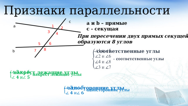 При пересечении двух прямых секущей образуются