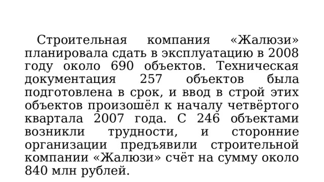  Строительная компания «Жалюзи» планировала сдать в эксплуатацию в 2008 году около 690 объектов. Техническая документация 257 объектов была подготовлена в срок, и ввод в строй этих объектов произошёл к началу четвёртого квартала 2007 года. С 246 объектами возникли трудности, и сторонние организации предъявили строительной компании «Жалюзи» счёт на сумму около 840 млн рублей. 