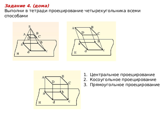 Задание 4. (дома) Выполни в тетради проецирование четырехугольника всеми способами  Центральное проецирование Косоугольное проецирование Прямоугольное проецирование 