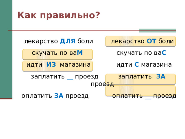 Как правильно? лекарство ДЛЯ боли лекарство ОТ боли скучать по ва М скучать по ва С идти ИЗ магазина идти С магазина заплатить __ проезд заплатить ЗА проезд оплатить ЗА проезд оплатить __ проезд 