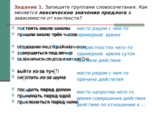 Задание 1. Запишите группами словосочетания. Как меняется лексическое значение предлога в зависимости от контекста? место рядом с чем-то п о стоять около школы пр и шли около трёх ч а сов примерное время п..стоять около школы пр..шли около трёх ч..сов о т дыхали под К рымом з а вершиться под веч е р с клониться под тяж е ст ь ю  в окрестностях чего-то о(т,д)дыхали под (К,к)рымом з..вершиться под веч..р (с,з)клониться под тяж..ст(?)ю примерное время суток выйти из-за туч _ не _ спать из-за шума причина действия выйти из-за туч(?) (не)спать из-за шума  пос а дить перед домом пр и нимать перед едой пр е клониться перед ними место рядом с чем-то пос..дить перед домом пр..нимать перед едой пр..клониться перед ними причина действтия  место напротив чего-то время совершения действия действие по отношению к … 