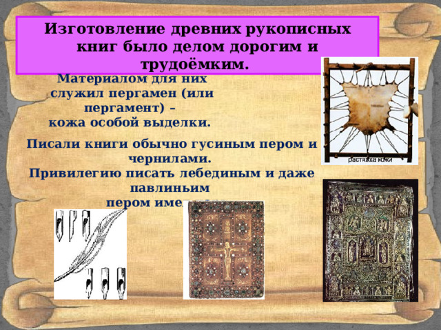 Изготовление древних рукописных книг было делом дорогим и трудоёмким. Материалом для них служил пергамен (или пергамент) – кожа особой выделки. Писали книги обычно гусиным пером и чернилами. Привилегию писать лебединым и даже павлиньим пером имел царь. 