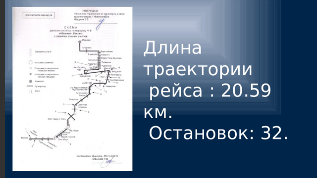 Длина траектории  рейса : 20.59 км.  Остановок: 32. 