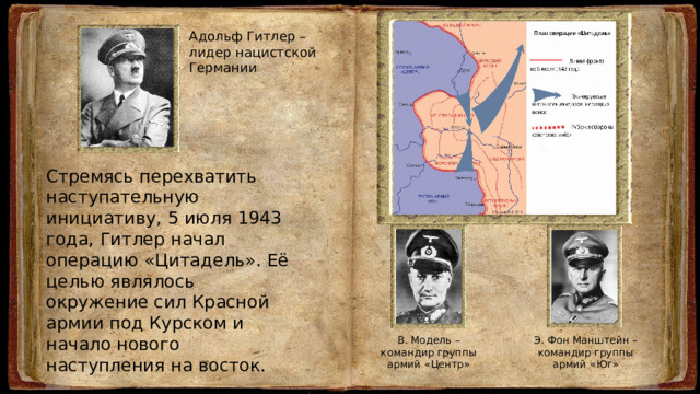 Адольф Гитлер – лидер нацистской Германии Стремясь перехватить наступательную инициативу, 5 июля 1943 года, Гитлер начал операцию «Цитадель». Её целью являлось окружение сил Красной армии под Курском и начало нового наступления на восток. В. Модель – командир группы армий «Центр» Э. Фон Манштейн – командир группы армий «Юг» 
