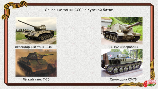 Основные танки СССР в Курской битве Легендарный танк Т-34 СУ-152 «Зверобой» Лёгкий танк Т-70 Самоходка СУ-76 