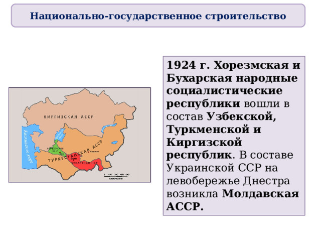 Национально-государственное строительство 1924 г. Хорезмская и Бухарская народные социалистические республики вошли в состав Узбекской, Туркменской и Киргизской республик . В составе Украинской ССР на левобережье Днестра возникла Молдавская АССР. 