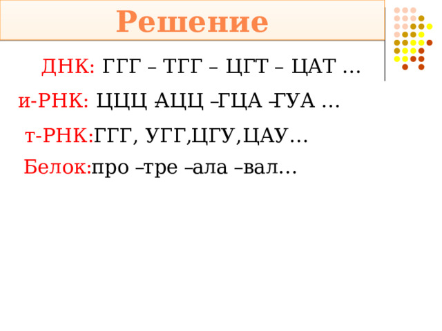 Решение ДНК: ГГГ – ТГГ – ЦГТ – ЦАТ … и-РНК: ЦЦЦ – ГУА … АЦЦ – ГЦА – т-РНК: ГГГ, УГГ,  ЦГУ,  ЦАУ… Белок: про – тре –  ала – вал… 