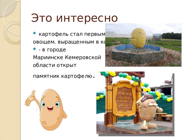 Это интересно картофель стал первым овощем, выращенным в космосе. - в городе Мариинске Кемеровской области открыт памятник картофелю . 