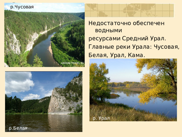 р.Чусовая Недостаточно обеспечен водными ресурсами Средний Урал. Главные реки Урала: Чусовая, Белая, Урал, Кама. р. Урал р.Белая 