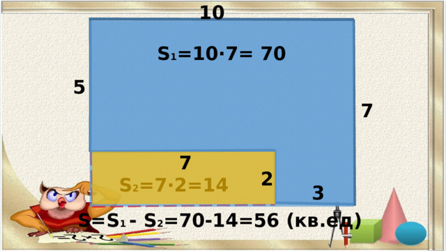 10 S 1 =10·7= 70 5 7 7 2 S 2 =7·2=14 3 S=S 1 - S 2 =70-14=56 (кв.ед) 