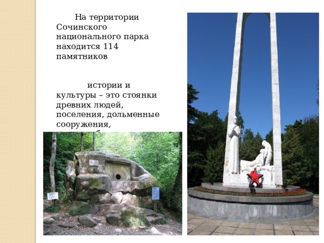  На территории Сочинского национального парка находится 114 памятников истории и культуры – это стоянки древних людей, поселения, дольменные сооружения, колодцеобразные гробницы, остатки крепостей, храмов, курганные могильники, жертвенный камень, обелиски и военные памятники. 