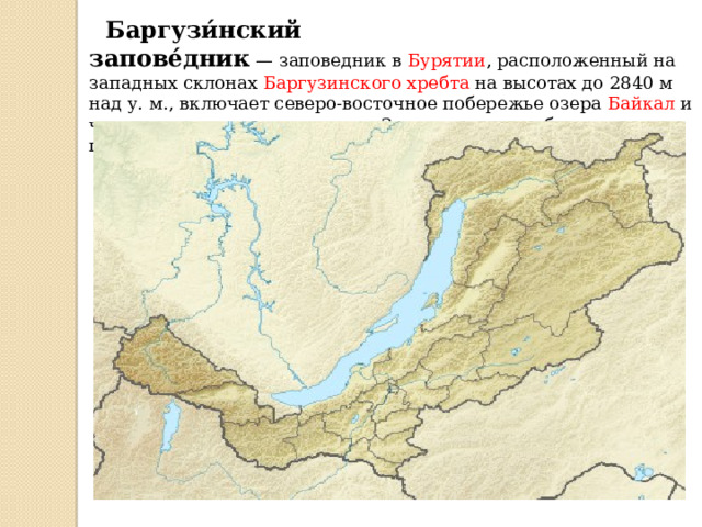  Баргузи́нский запове́дник  —  заповедник в  Бурятии , расположенный на западных склонах  Баргузинского хребта  на высотах до 2840 м над у. м., включает северо-восточное побережье озера  Байкал  и часть акватории самого озера. Заповедник и хребет названы по  реке Баргузин . 