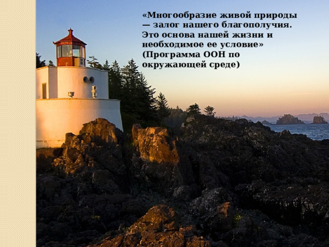 «Многообразие живой природы — залог нашего благополучия. Это основа нашей жизни и необходимое ее условие» (Программа ООН по окружающей среде)     
