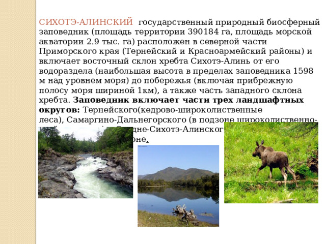  СИХОТЭ-АЛИНСКИЙ   государственный природный биосферный заповедник (площадь территории 390184 га, площадь морской акватории 2.9 тыс. га) расположен в северной части Приморского края (Тернейский и Красноармейский районы) и включает восточный склон хребта Сихотэ-Алинь от его водораздела (наибольшая высота в пределах заповедника 1598 м над уровнем моря) до побережья (включая прибрежную полосу моря шириной 1км), а также часть западного склона хребта.  Заповедник включает части трех ландшафтных округов:  Тернейского(кедрово-широколиственные леса), Самаргино-Дальнегорского (в подзоне широколиственно-хвойных лесов) и Средне-Сихотэ-Алинского (пихтово-елочные леса) в таежной подзоне . 