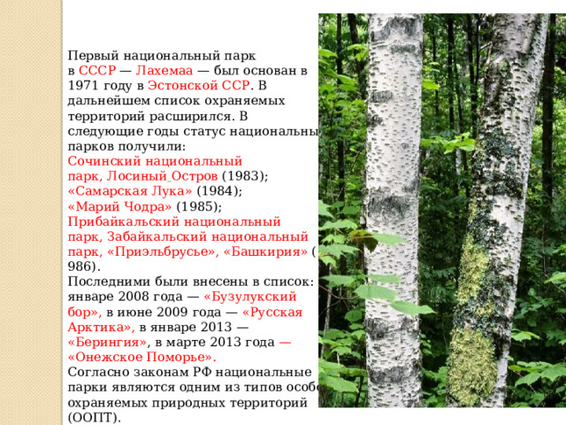 Первый национальный парк в  СССР  —  Лахемаа  — был основан в 1971 году в  Эстонской ССР . В дальнейшем список охраняемых территорий расширился. В следующие годы статус национальных парков получили: Сочинский национальный парк, Лосиный  Остров  (1983); «Самарская Лука» (1984); «Марий Чодра» (1985); Прибайкальский национальный парк,   Забайкальский национальный парк, «Приэльбрусье»,   «Башкирия»  (1986). Последними были внесены в список: в январе 2008 года — «Бузулукский бор», в июне 2009 года — «Русская Арктика», в январе 2013 — «Берингия» , в марте 2013 года  — «Онежское Поморье». Согласно законам РФ национальные парки являются одним из типов особо охраняемых природных территорий (ООПТ). 