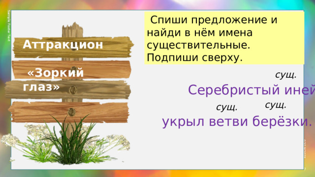 Sample Footer Text 02/19/2023  Спиши предложение и найди в нём имена существительные. Подпиши сверху. Аттракцион   «Зоркий глаз»  Серебристый иней укрыл ветви берёзки. сущ. сущ. сущ.  