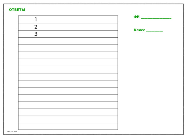 ОТВЕТЫ  ФИ __________________  1 2 3 Класс __________  Elko_a © 2008 