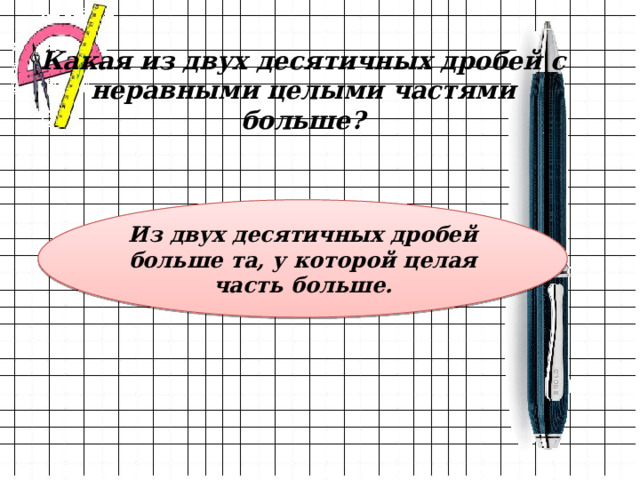 Какая из двух десятичных дробей с неравными целыми частями больше? Из двух десятичных дробей больше та, у которой целая часть больше. 
