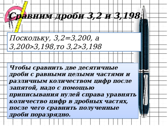 Сравним дроби 3,2 и 3,198. Поскольку, 3,2=3,200, а 3,200  3,198,то 3,2  3,198 Чтобы сравнить две десятичные дроби с равными целыми частями и различным количеством цифр после запятой, надо с помощью приписывания нулей справа уравнять количество цифр в дробных частях, после чего сравнить полученные дроби поразрядно. 