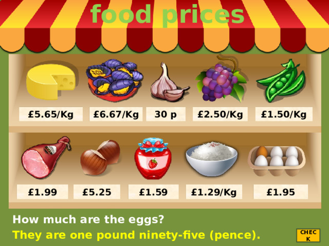 food prices £5.65/Kg 30 p £2.50/Kg £1.50/Kg £6.67/Kg £1.95 £1.29/Kg £1.59 £1.99 £5.25 How much are the eggs? They are one pound ninety-five (pence). CHECK 