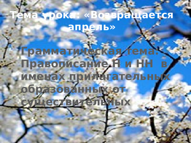 Тема урока: «Возвращается апрель» Грамматическая тема: Правописание Н и НН в именах прилагательных образованных от существительных 