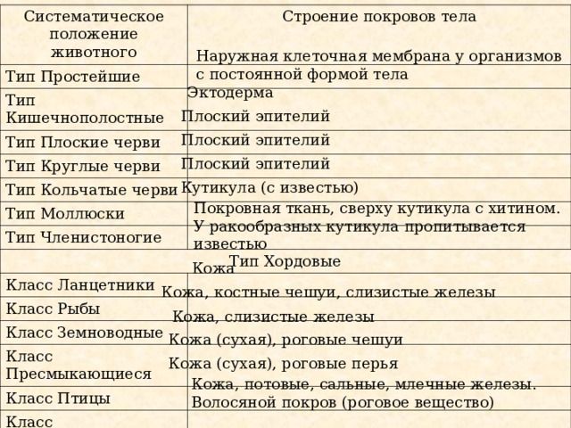 Покровы тела животных таблица 8 класс