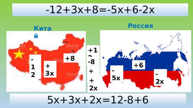 -12+3x+8=-5x+6-2x Россия Китай +12 = +8 -12 -8 +6 +3x -5x +5x -2x +2x 5x+3x+2x=12-8+6 