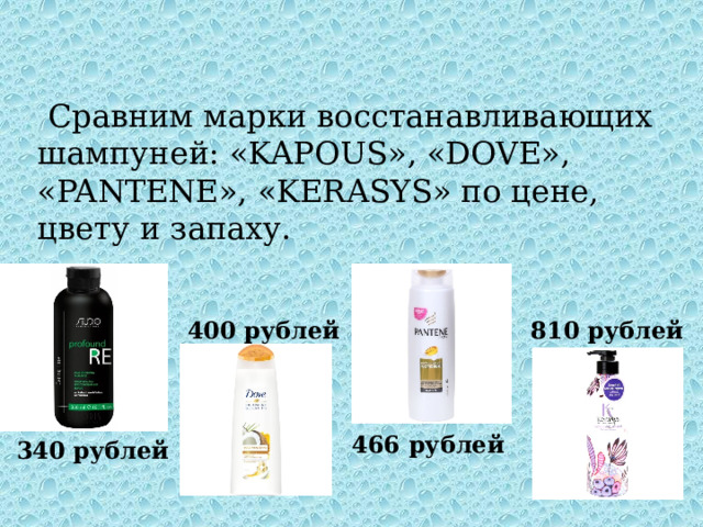  Сравним марки восстанавливающих шампуней: «KAPOUS», «DOVE», «PANTENE», «KERASYS» по цене, цвету и запаху. 810 рублей 400 рублей 466 рублей 340 рублей 