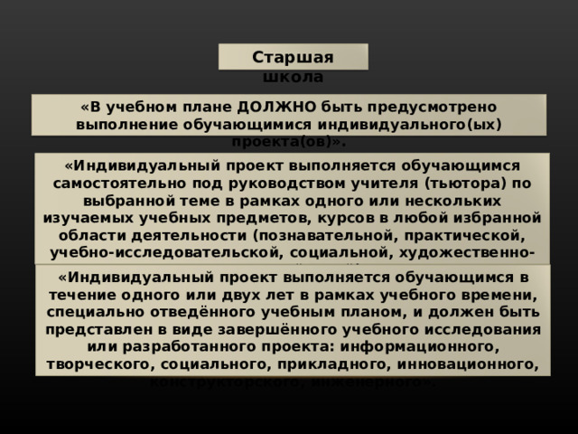 В учебном плане должно быть предусмотрено выполнение обучающимися индивидуального ых проекта ов