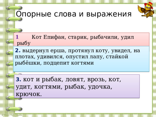 Опорные слова и выражения 1 Кот Епифан, старик, рыбачили, удил рыбу  2. выдернул ерша, протянул коту, увидел, на плотах, удивился, опустил лапу, стайкой рыбёшки, подцепит когтями 3. кот и рыбак, ловят, врозь, кот, удит, когтями, рыбак, удочка, крючок. 