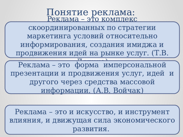 Понятие реклама: Реклама – это комплекс скоординированных по стратегии маркетинга условий относительно информирования, создания имиджа и продвижения идей на рынке услуг. (Т.В. Ляпина) Реклама – это форма имперсональной презентации и продвижения услуг, идей и другого через средства массовой информации. (А.В. Войчак) Реклама – это и искусство, и инструмент влияния, и движущая сила экономического развития. 