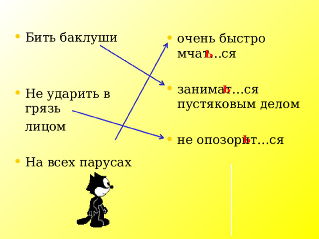 Бить баклуши  Не ударить в грязь  лицом На всех парусах очень быстро мчат…ся занимат…ся пустяковым делом не опозорит…ся 