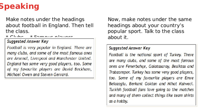 Speaking Make notes under the headings about football in England. Then tell the class. Now, make notes under the same headings about your country’s popular sport. Talk to the class about it. * Clubs * Famous players 