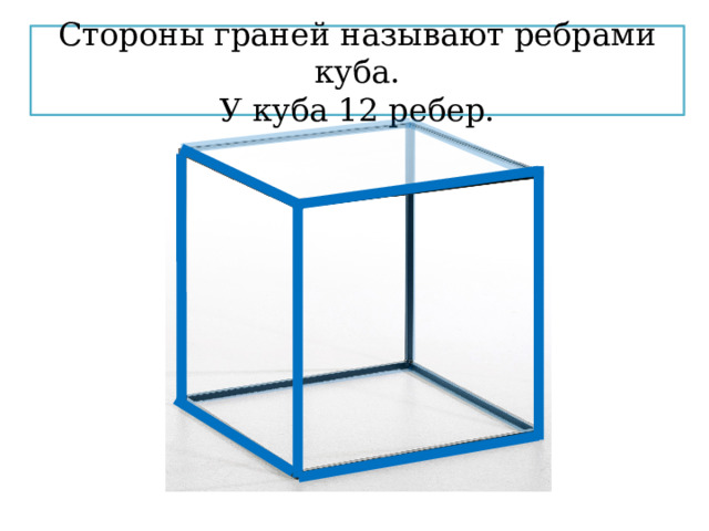 Стороны граней называют ребрами куба. У куба 12 ребер. 