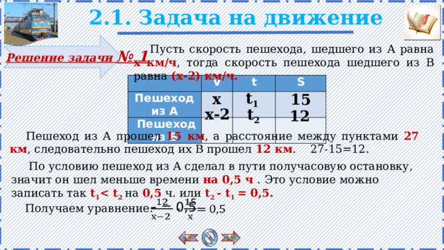 2.1. Задача на движение Пусть скорость пе­ше­хо­да, шед­ше­го из А равна х км/ч , тогда скорость пешехода шедшего из В равна (х-2) км/ч. Решение задачи № 1   V Пешеход из А  Пешеход из Б t S t 1 х 15 t 2 х-2 12 Пешеход из А прошел 15 км , а расстояние между пунктами 27 км , следовательно пешеход их В прошел 12 км . 27-15=12.  По условию пешеход из А сде­лал в пути по­лу­ча­со­вую оста­нов­ку, значит он шел меньше времени на 0,5 ч . Это условие можно записать так t 1  2 на 0,5 ч. или t 2 - t 1 = 0,5. На слайде сделана анимация. Материал появляется поэтапно по щелчку.   - = 0,5 Получаем уравнение: 5 