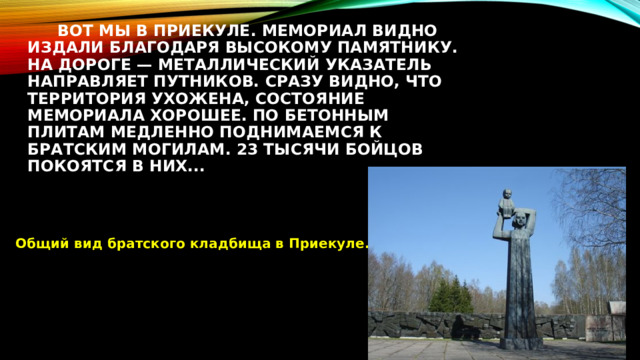  Вот мы в Приекуле. Мемориал видно издали благодаря высокому памятнику. На дороге — металлический указатель направляет путников. Сразу видно, что территория ухожена, состояние мемориала хорошее. По бетонным плитам медленно поднимаемся к братским могилам. 23 тысячи бойцов покоятся в них...   Общий вид братского кладбища в Приекуле. 