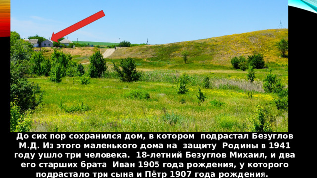 До сих пор сохранился дом, в котором подрастал Безуглов М.Д. Из этого маленького дома на защиту Родины в 1941 году ушло три человека. 18-летний Безуглов Михаил, и два его старших брата Иван 1905 года рождения, у которого подрастало три сына и Пётр 1907 года рождения. 