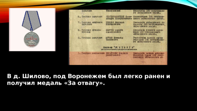В д. Шилово, под Воронежем был легко ранен и получил медаль «За отвагу». 
