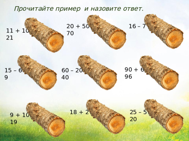 Прочитайте пример и назовите ответ. 20 + 50 = 70 16 – 7 = 9 11 + 10 = 21 90 + 6 = 96 15 – 6 = 9 60 – 20 = 40 18 + 2 = 20 25 – 5 = 20 9 + 10 = 19 