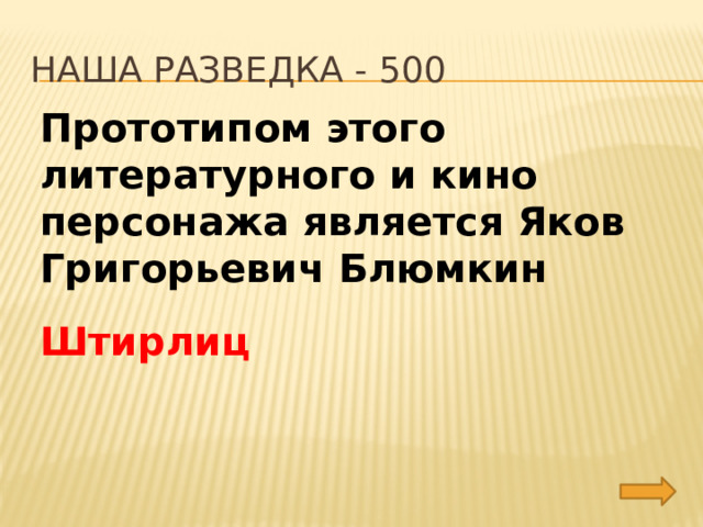 Наша разведка - 500 Прототипом этого литературного и кино персонажа является Яков Григорьевич Блюмкин Штирлиц 