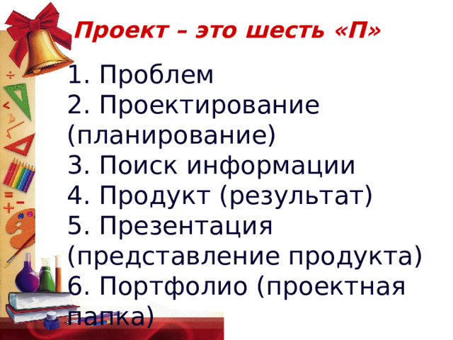 Проект – это шесть «П» 1. Проблем 2. Проектирование (планирование) 3. Поиск информации 4. Продукт (результат) 5. Презентация (представление продукта) 6. Портфолио (проектная папка) 