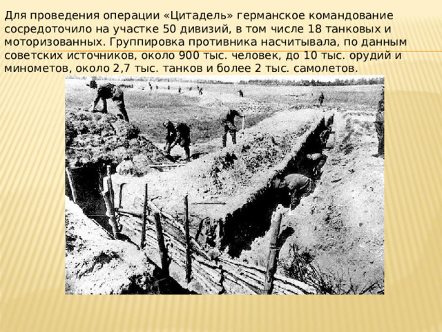 Для проведения операции «Цитадель» германское командование сосредоточило на участке 50 дивизий, в том числе 18 танковых и моторизованных. Группировка противника насчитывала, по данным советских источников, около 900 тыс. человек, до 10 тыс. орудий и минометов, около 2,7 тыс. танков и более 2 тыс. самолетов. 