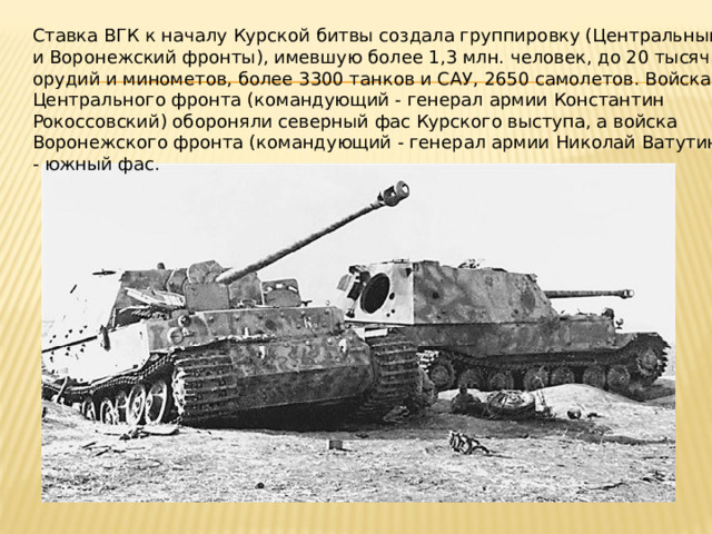 Ставка ВГК к началу Курской битвы создала группировку (Центральный и Воронежский фронты), имевшую более 1,3 млн. человек, до 20 тысяч орудий и минометов, более 3300 танков и САУ, 2650 самолетов. Войска Центрального фронта (командующий - генерал армии Константин Рокоссовский) обороняли северный фас Курского выступа, а войска Воронежского фронта (командующий - генерал армии Николай Ватутин) - южный фас. 