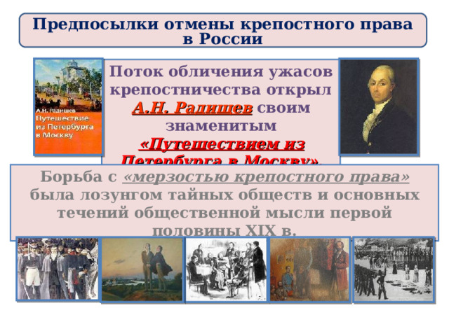 Предпосылки отмены крепостного права в России Поток обличения ужасов крепостничества открыл А.Н. Радищев  своим знаменитым «Путешествием из Петербурга в Москву». Борьба с «мерзостью крепостного права» была лозунгом тайных обществ и основных течений общественной мысли первой половины XIX в. 