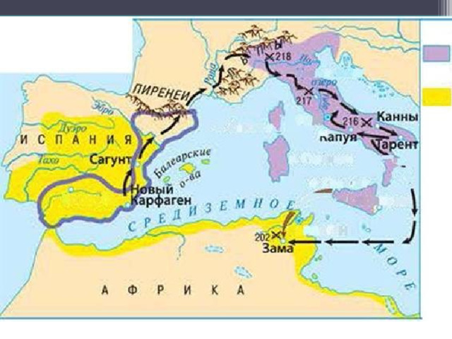 Годы двух важнейших сражений второй пунической войны. Направление походов Ганнибала на Рим.