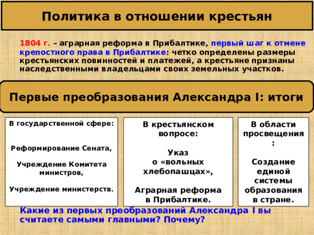 Политика в отношении крестьян  1804 г. – аграрная реформа в Прибалтике, первый шаг к отмене крепостного права в Прибалтике : четко определены размеры крестьянских повинностей и платежей, а крестьяне признаны наследственными владельцами своих земельных участков.               Какие из первых преобразований Александра I вы считаете самыми главными? Почему? Первые преобразования Александра I : итоги В государственной сфере:   Реформирование Сената,  Учреждение Комитета министров,  Учреждение министерств.  В крестьянском вопросе:  Указ о «вольных хлебопашцах»,  Аграрная реформа в Прибалтике. В области просвещения:  Создание единой системы образования в стране. 