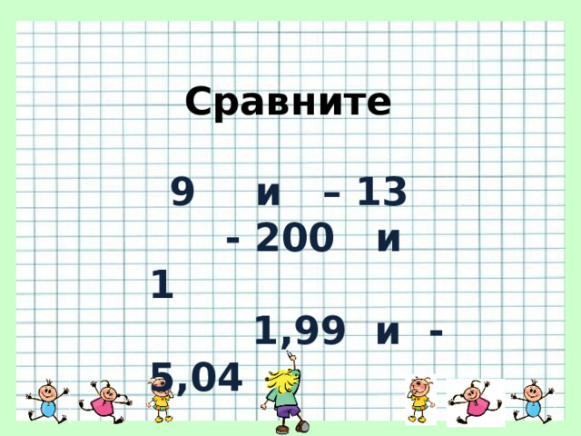 Сравните  и – 13  - 200 и 1  1,99 и - 5,04 