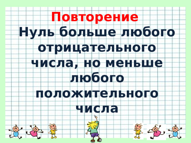 Повторение  Нуль больше любого отрицательного числа, но меньше любого положительного числа 